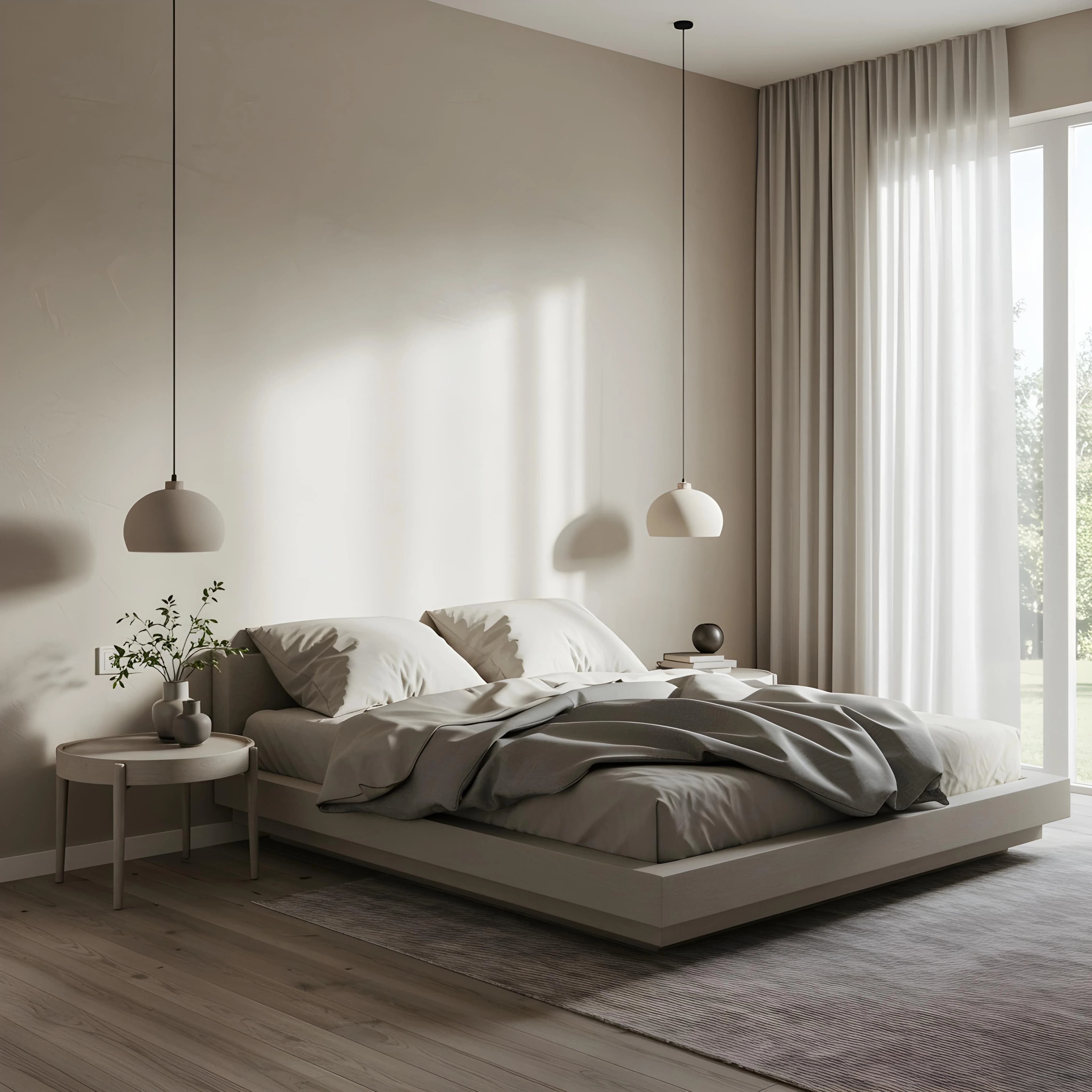 Minimal bedroom interior with floor-to-ceiling curtains and soft natural light