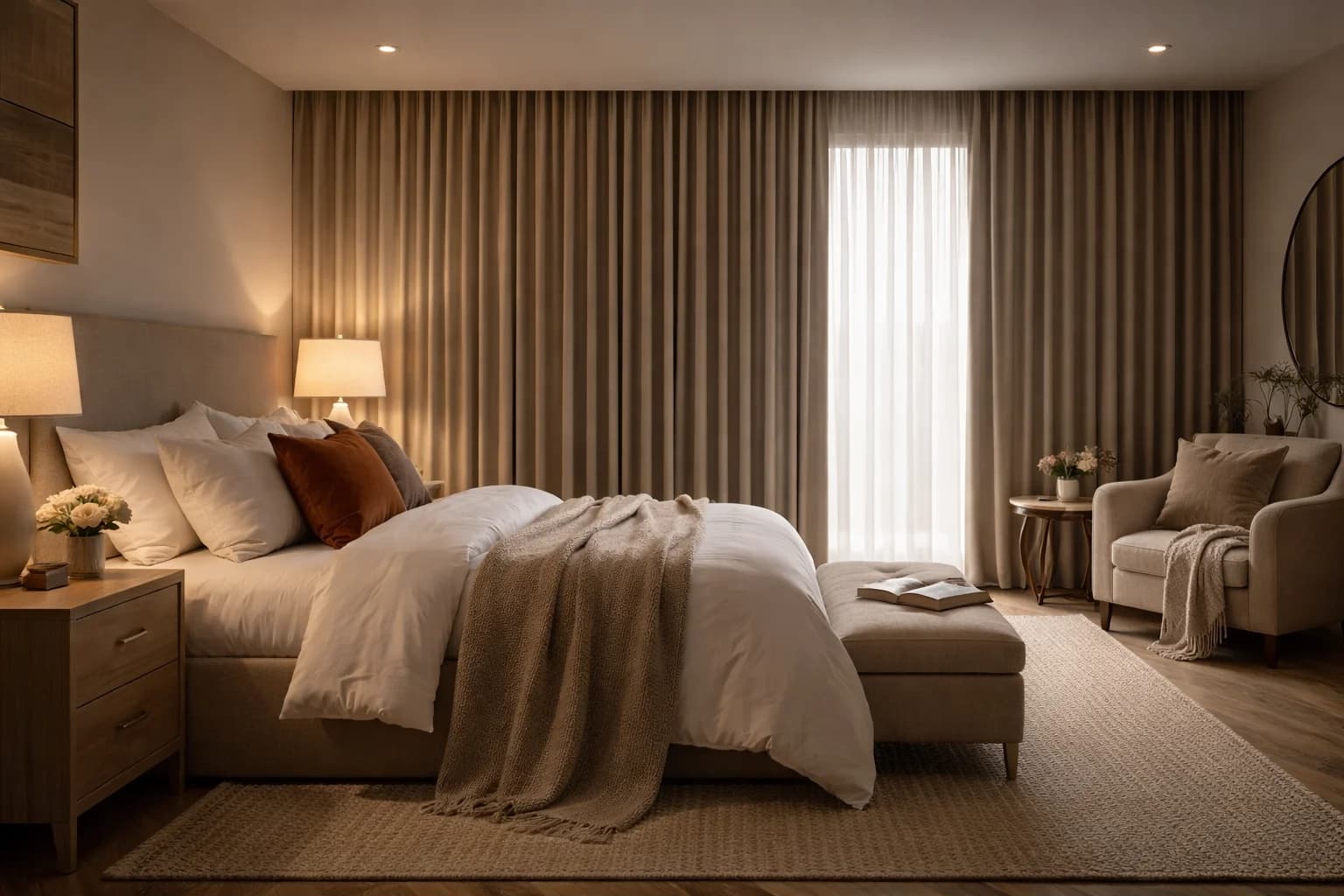 Modern bedroom with blackout curtains closed to block daylight