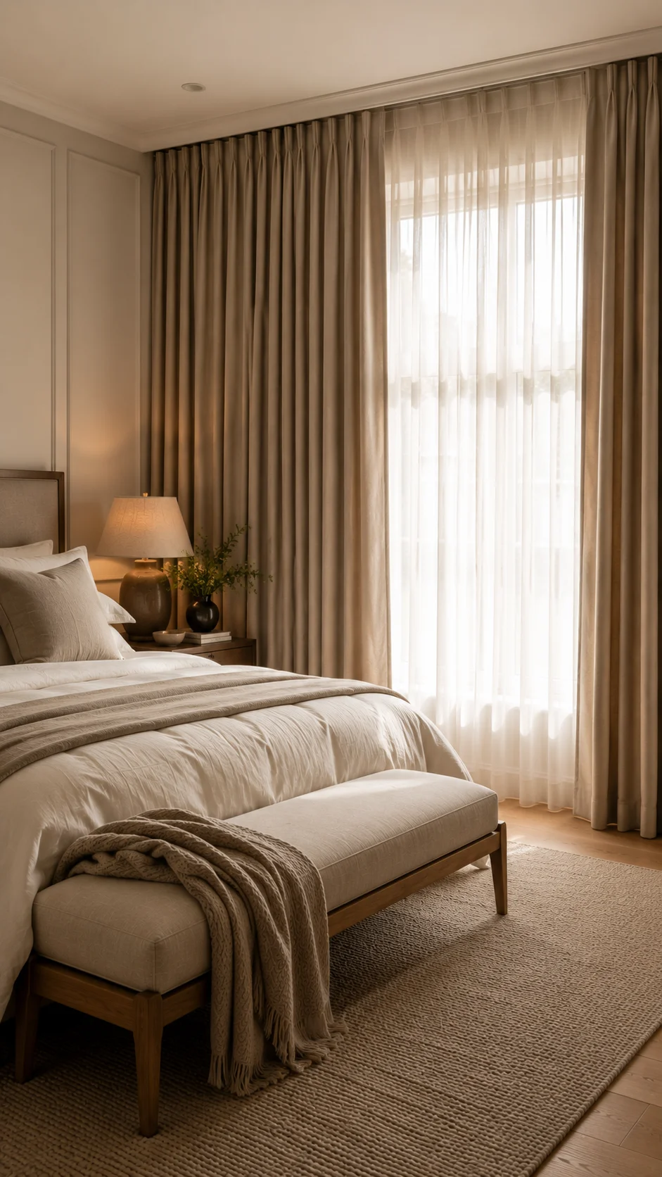 Layered voile and blackout bedroom curtains in an Irish master bedroom
