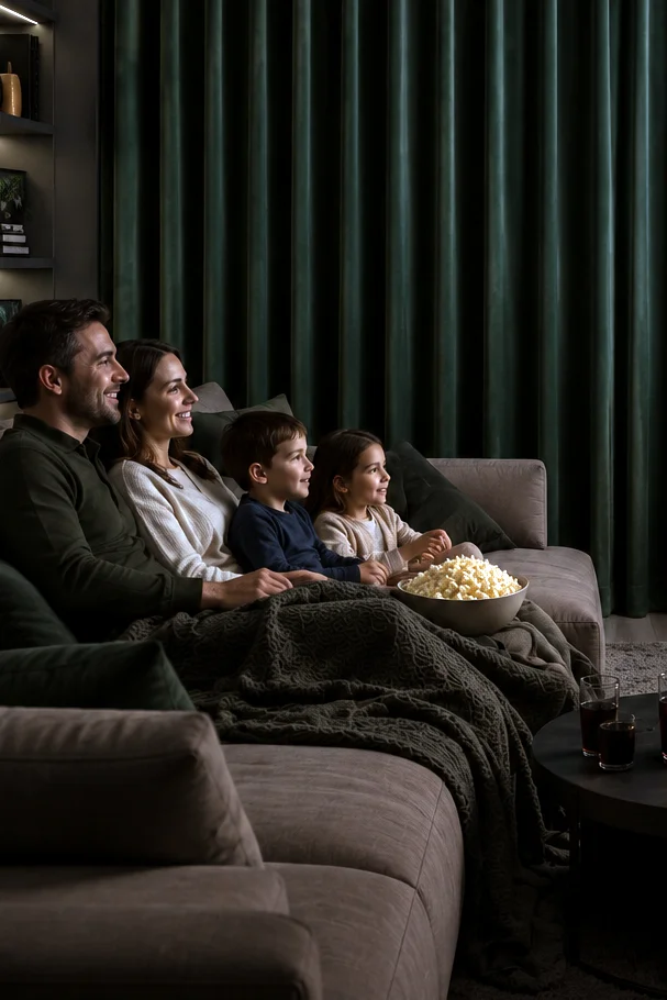 Blackout curtains in a home cinema room