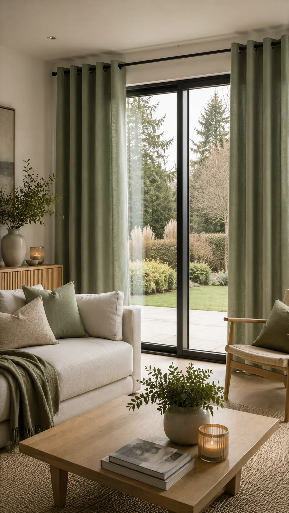 Eyelet curtains in a contemporary Irish living room with uniform folds on a metal pole