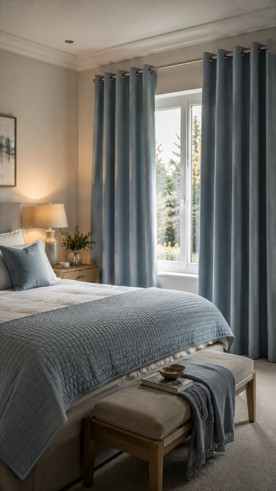 Eyelet heading curtains with lined fabric in a modern Irish master bedroom