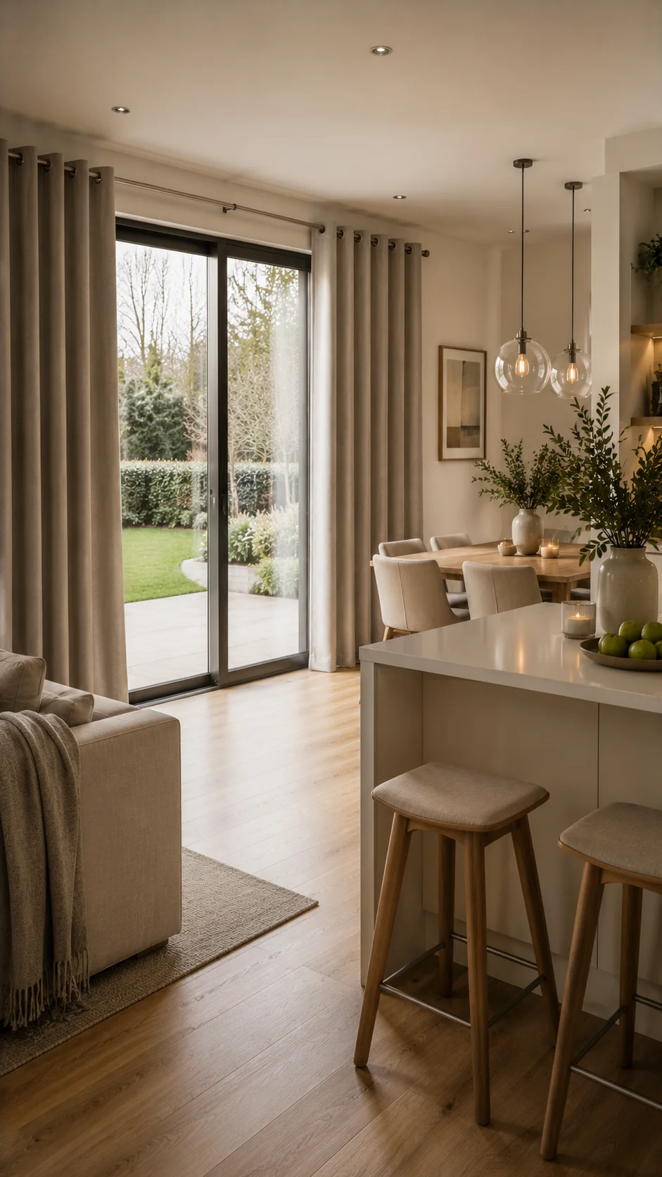Made to measure eyelet curtains in an open-plan kitchen and dining space in Ireland
