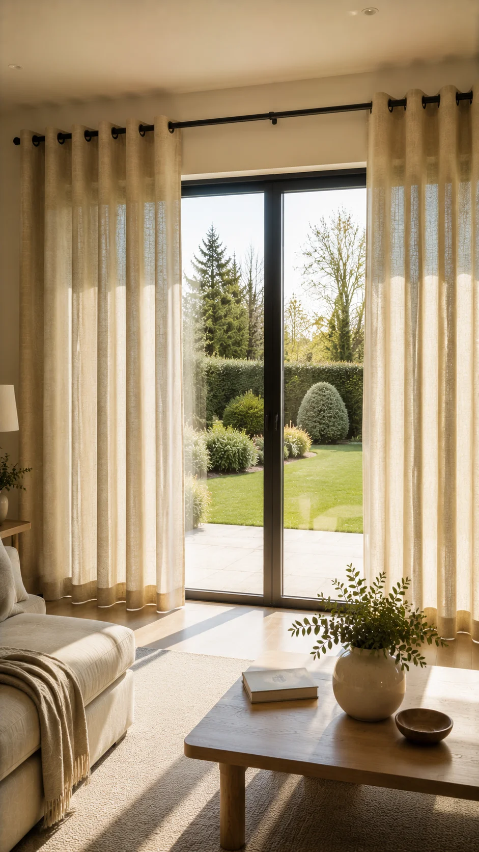 Eyelet curtains at patio doors in an Irish home with smooth pole operation