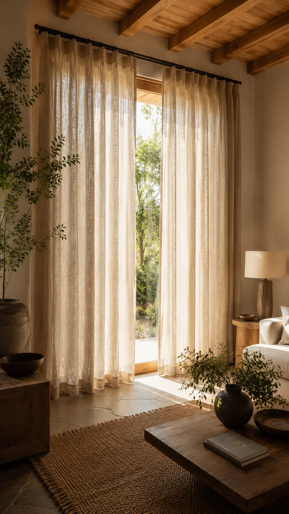 Linen curtains with natural texture in a bright room