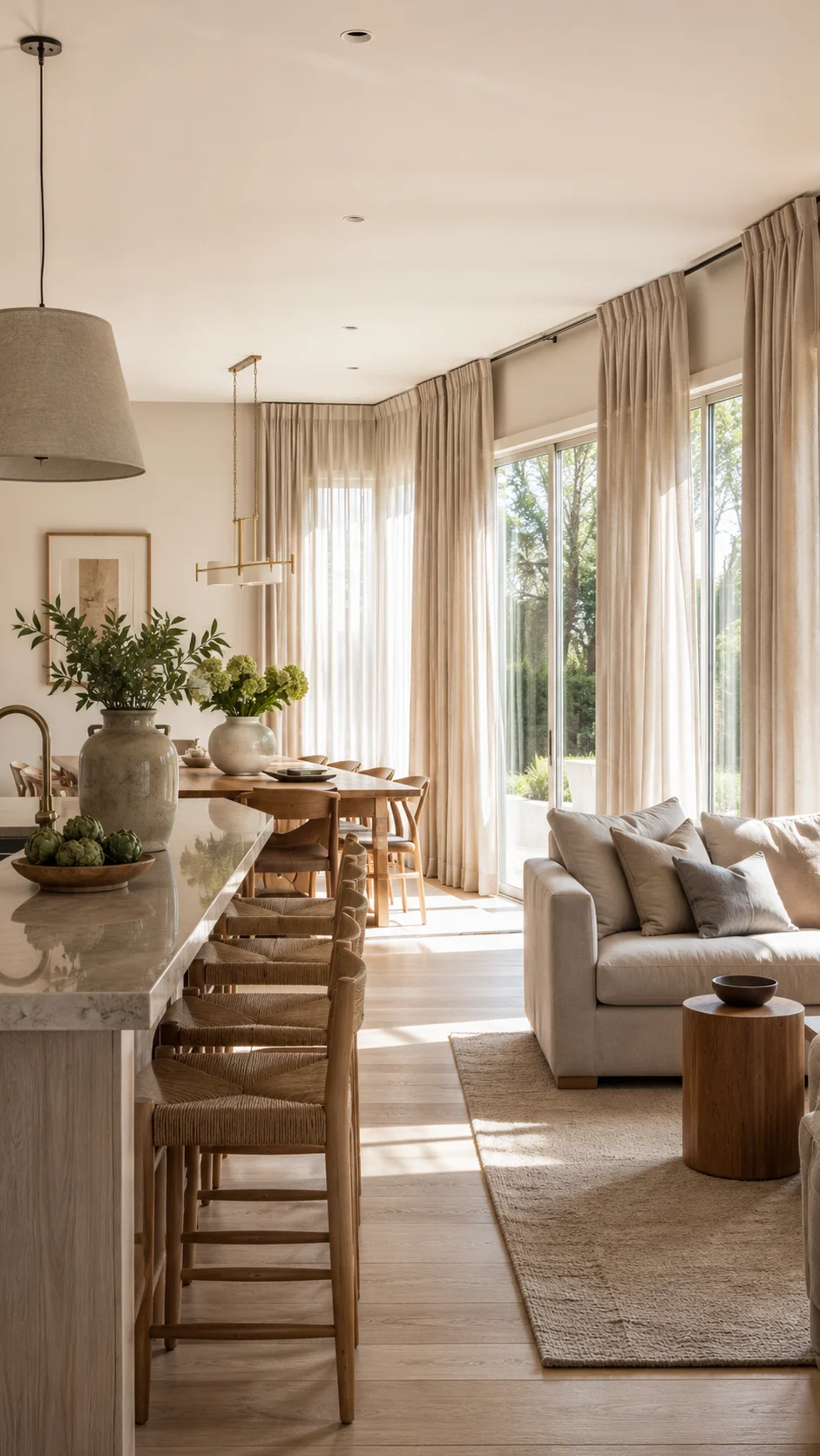 Living room curtains in an open-plan kitchen and living extension in Ireland