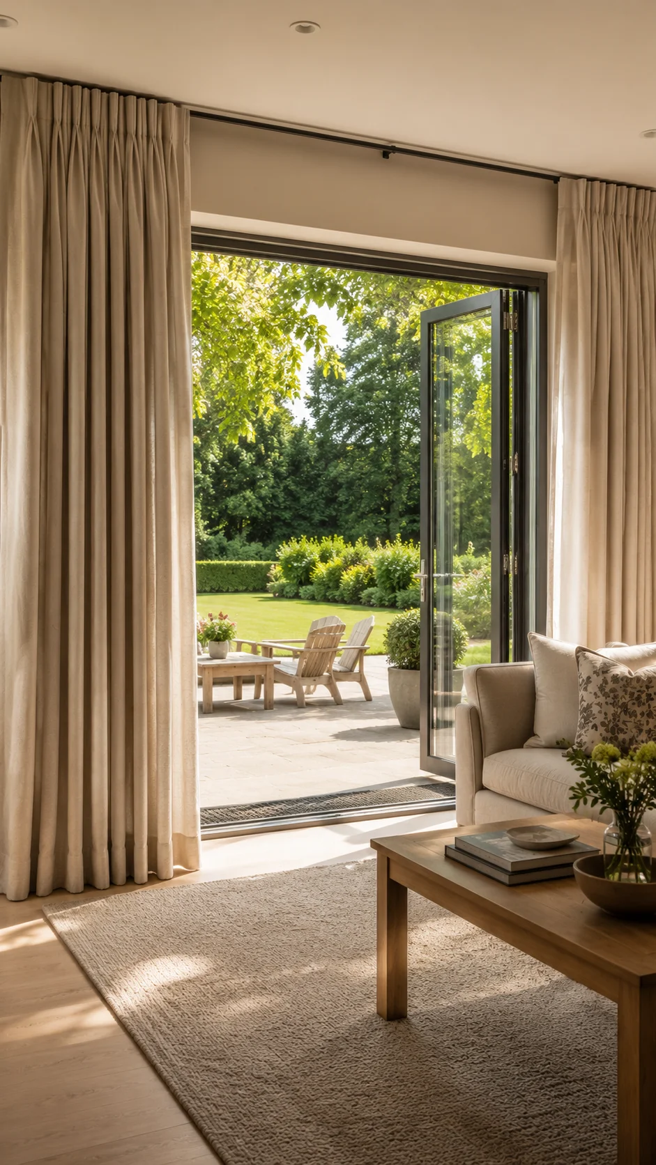 Living room curtains at patio doors in an Irish family home