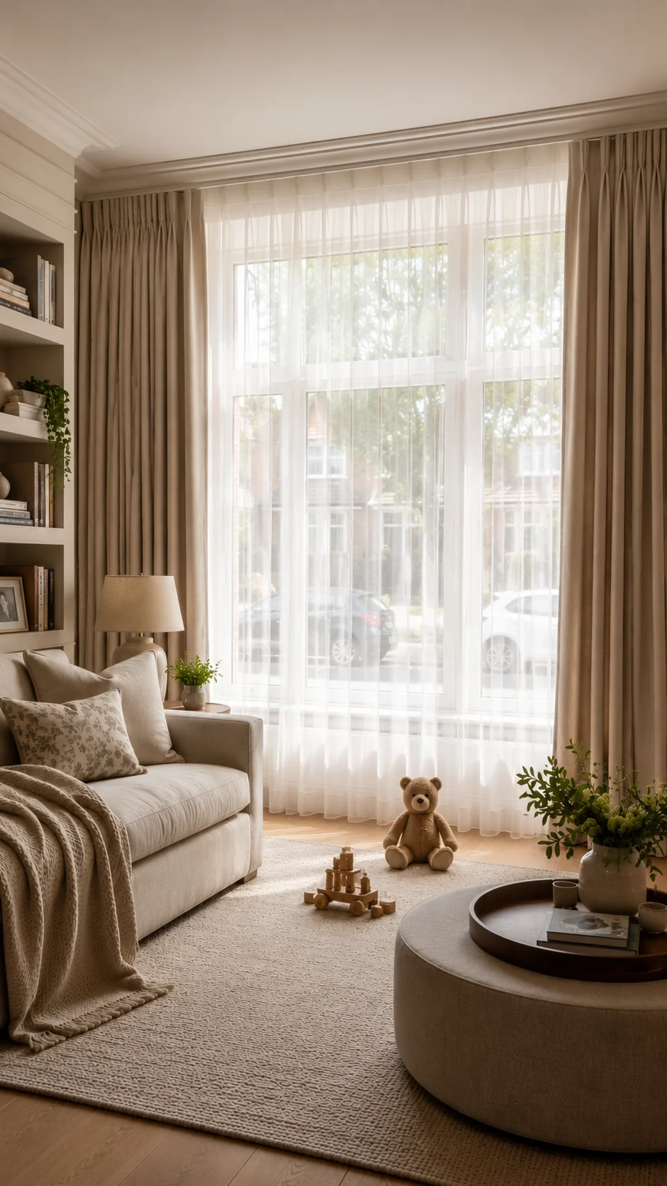 Street-facing living room curtains with layered voile and lined panels in Dublin