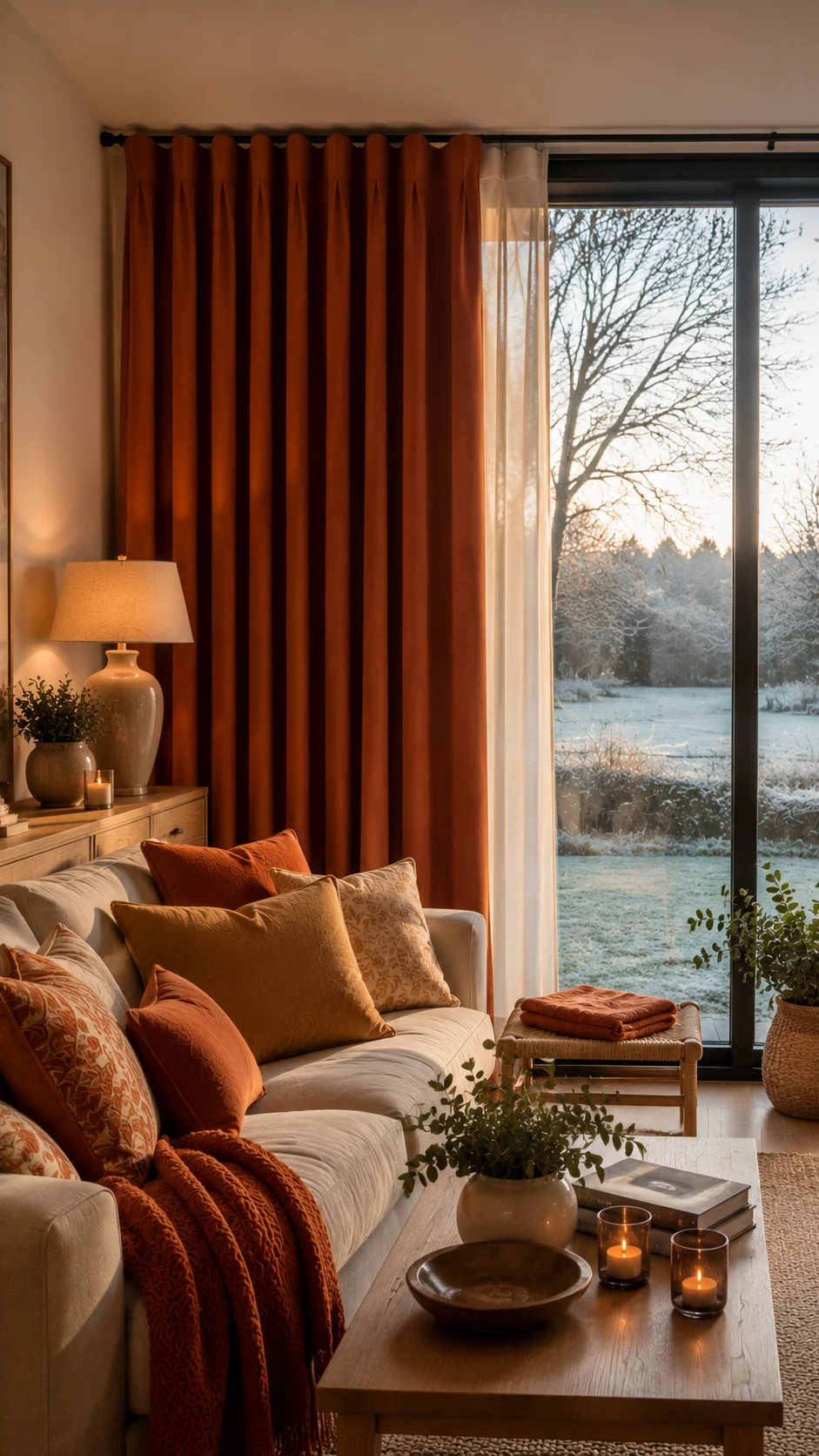 Thermal lined curtains in a north-facing Irish living room with full-height drape