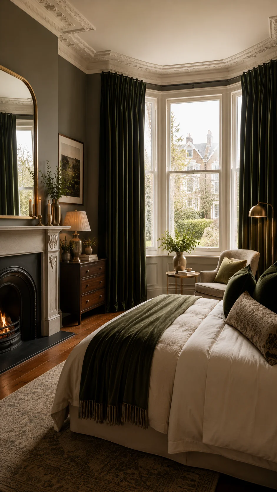 Interlined thermal curtains at a period bay window in an Irish home