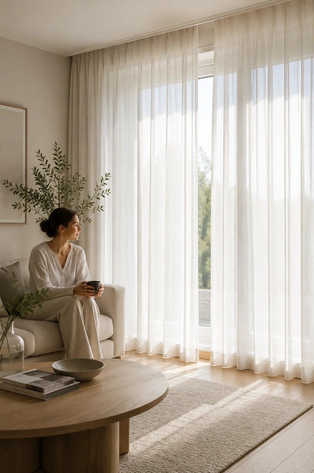 Light voile curtains filtering soft daylight into a living space