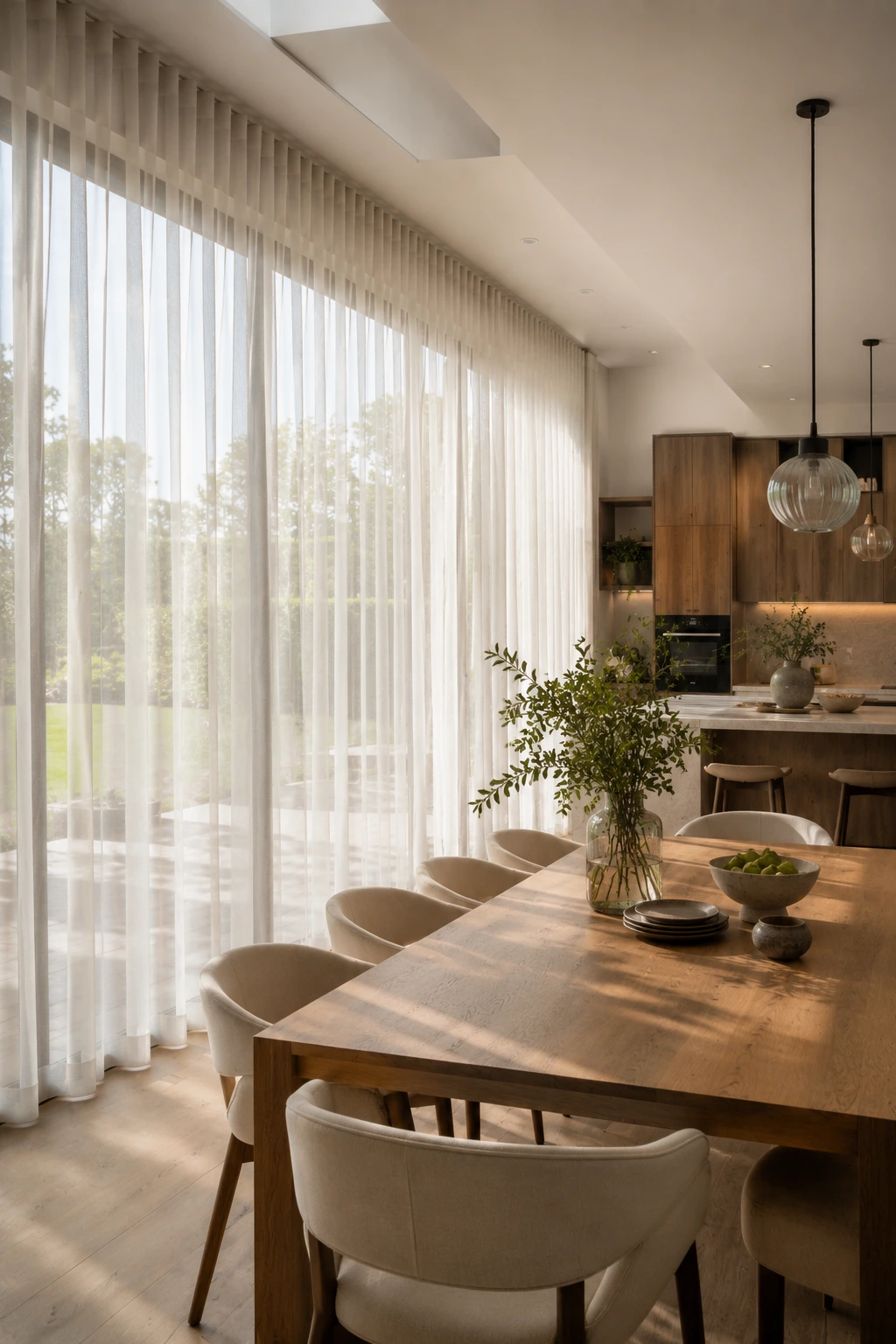 Sheer voile curtains in an open-plan dining and kitchen space