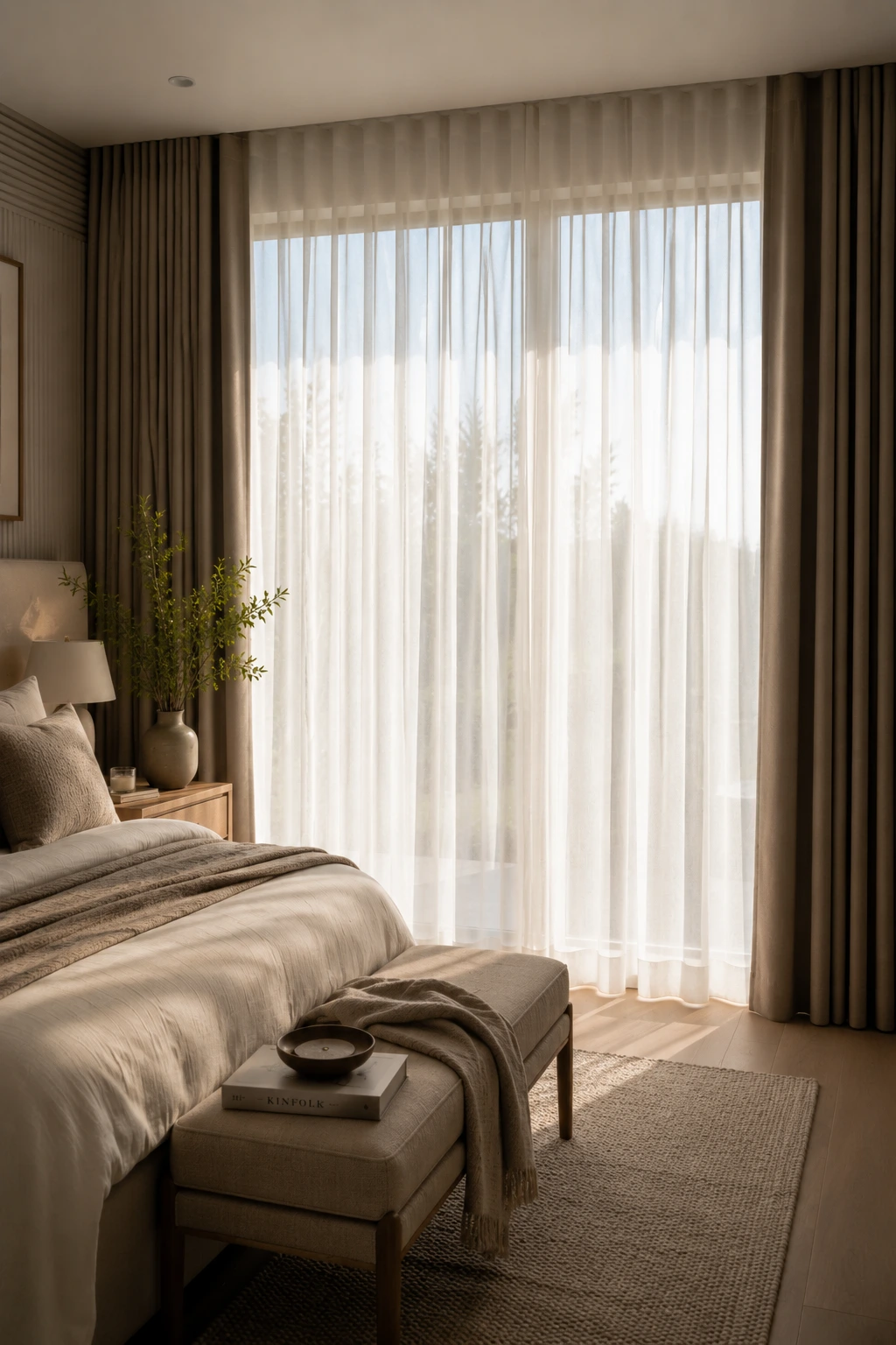 Layered voile and blackout curtains in a bedroom window
