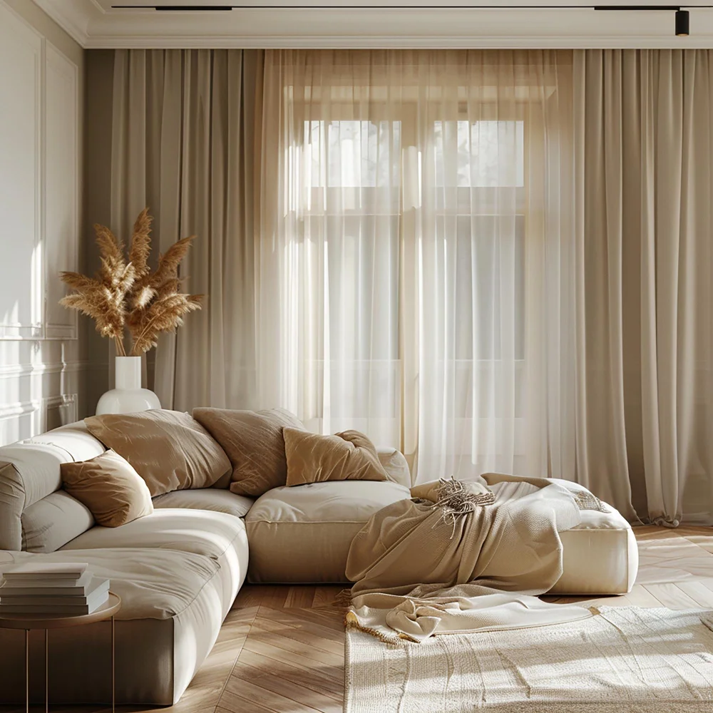 Elegant living room styled with sheer curtains and neutral toned interior design